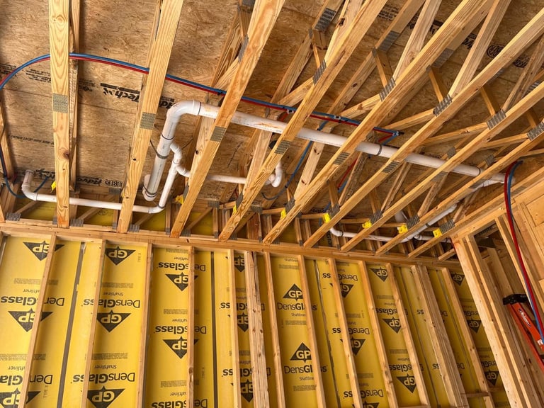 Interior view of building framing with white PVC pipes installed in wall cavity