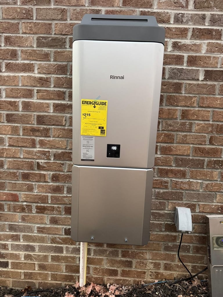 Rinnai tankless water heater mounted on red brick wall with yellow EnergyGuide label